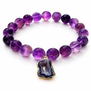 Artisan Tanzanian Amethyst Bracelet 14k Gold Plated Druzy Geode 7.5”